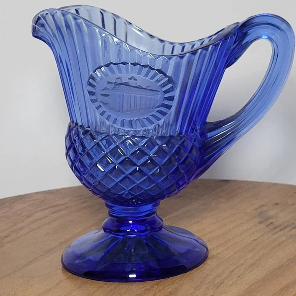 Vintage Avon Fostoria Glass Ribbed Cobalt Blue Mt. Vernon Creamer Sauce Pitcher
